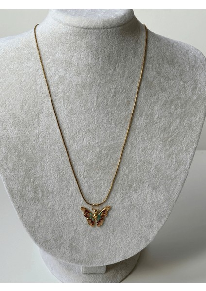 Toprak Tonlarında Kelebek Kanatlı Gold Kolye
