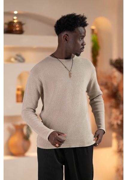 Regular Fit Likralı Kendinden Çizgili Mevsimlik Spor Kazak