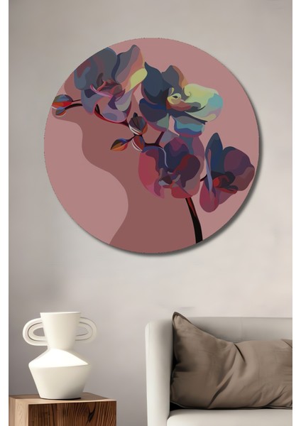 Pembe Orkide Yağlı Boya Görünümlü Ahşap Dekoratif Tablo Yuvarlak Tablo