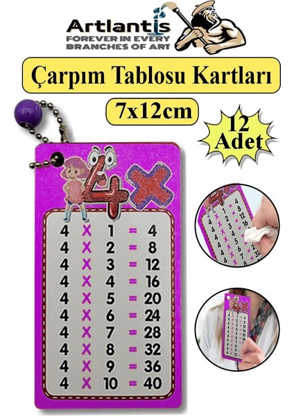 Zincirli Çarpım Tablosu 12 Adet 7X12 cm Cep Zircirli Çarpım Tablosu Yaz Sil Özellikli Karne Hediyesi Çarpım Kartları