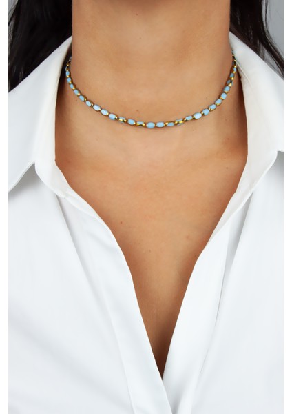 Gold Detay Turkuaz Kristal Kolye