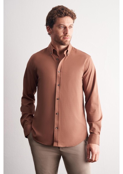 Vizon Düğmeli Yaka Örme Uzun Kol Performans Ürün Slim Fit Esnek Gömlek 1004255270