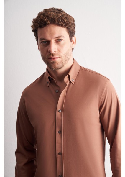 Vizon Düğmeli Yaka Örme Uzun Kol Performans Ürün Slim Fit Esnek Gömlek 1004255270 fırsatları