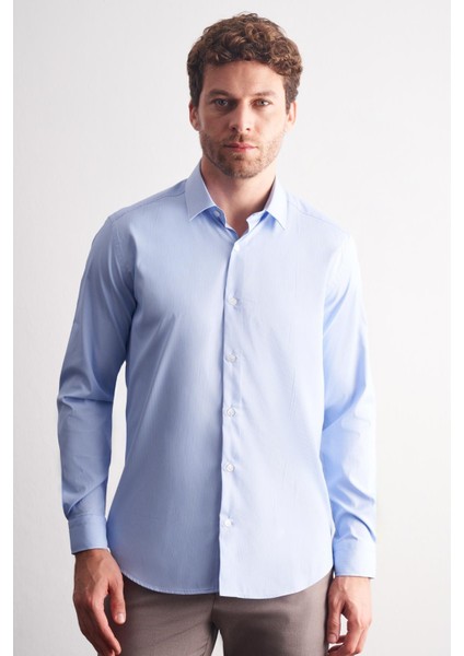 Mavi - Beyaz Sert Yaka Çizgili Desen Uzun Kol Slim Fit Esnek Gömlek 1004255176