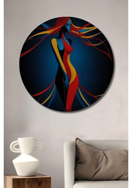 Kadın Figürlü Soyut Modern Sanat Yağlı Boya Görünümlü Ahşap Dekoratif Tablo Yuvarlak Tablo