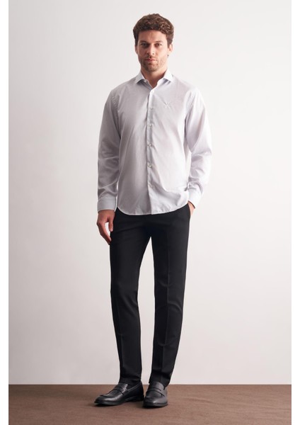 Beyaz - Gri Yarım Italyan Yaka Çizgili Desen Uzun Kol Premium Slim Fit %100 Pamuk Gömlek 1004255191 fiyatları