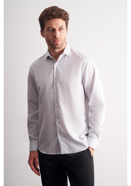 Beyaz - Gri Yarım Italyan Yaka Çizgili Desen Uzun Kol Premium Slim Fit %100 Pamuk Gömlek 1004255191 modelleri