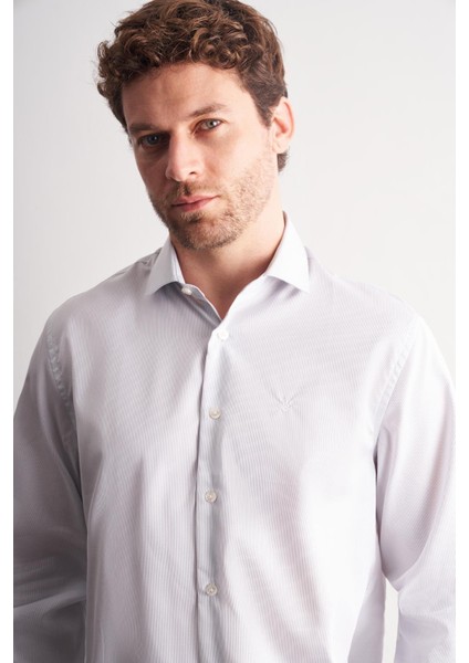 Beyaz - Gri Yarım Italyan Yaka Çizgili Desen Uzun Kol Premium Slim Fit %100 Pamuk Gömlek 1004255191 fırsatları