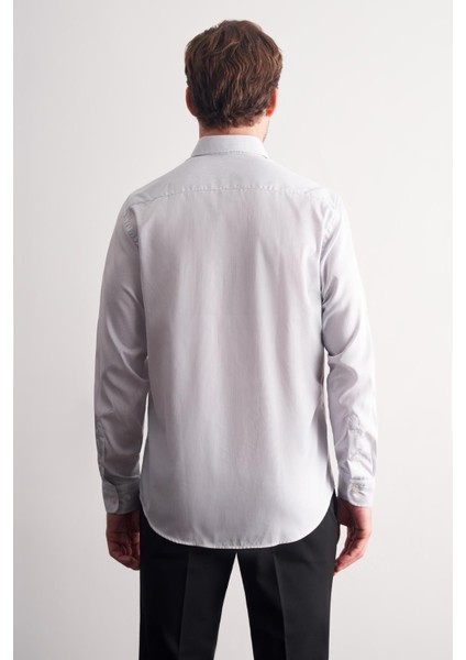 Beyaz - Gri Yarım Italyan Yaka Çizgili Desen Uzun Kol Premium Slim Fit %100 Pamuk Gömlek 1004255191 indirimleri