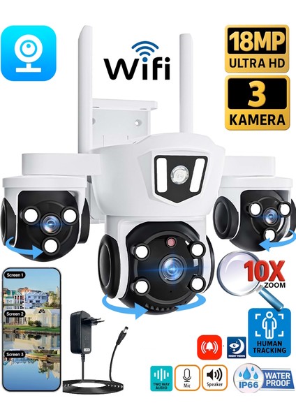 V380Pro 18MP (6MP+6MP+6MP) Üç Kameralı 10X Zoom Gece Görüş Wifi Sesli Türkçe