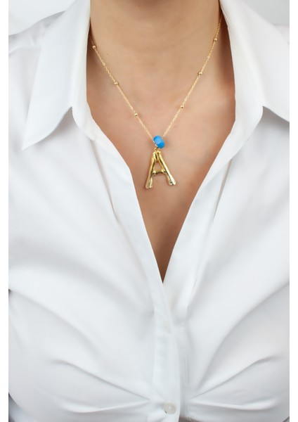 Ince Zincir Harf Kolye A Harfi Mavi Murano Detaylı