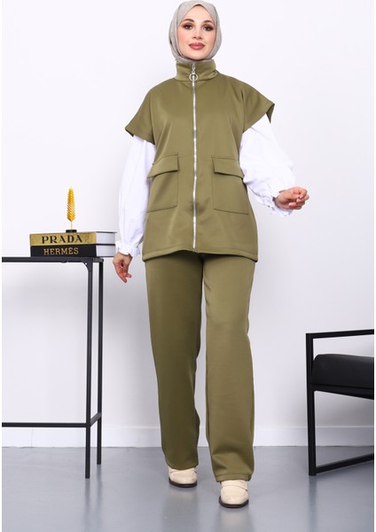 Haki Fermuarlı Cepli Yelek Pantolonlu Scuba Takım