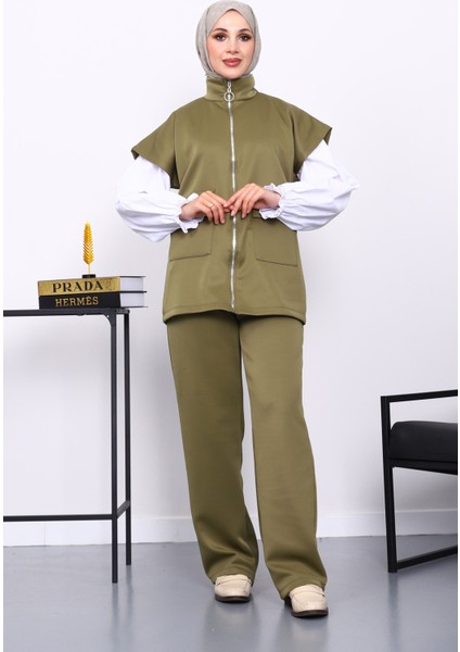 Haki Fermuarlı Cepli Yelek Pantolonlu Scuba Takım fiyatları