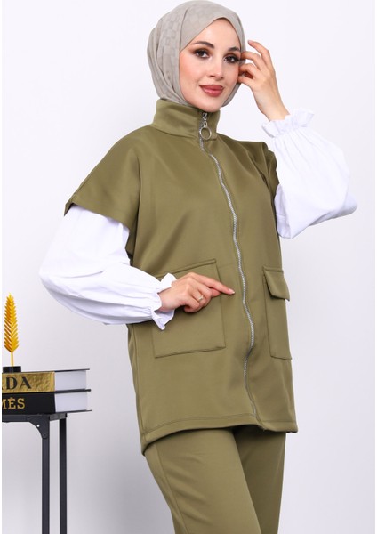 Haki Fermuarlı Cepli Yelek Pantolonlu Scuba Takım modelleri