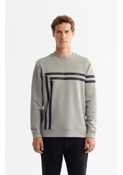 Erkek Gri Bisiklet Yaka Pamuklu Baskılı Elastan Regular Fit Sweatshirt A42Y1284