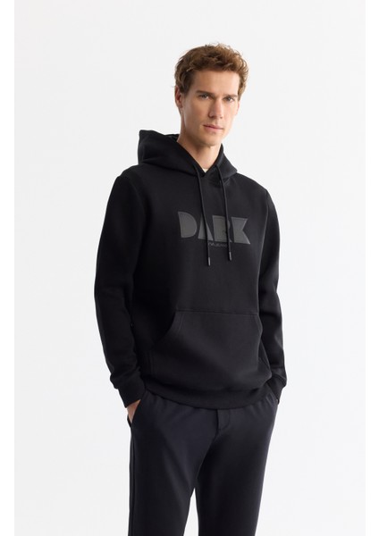 Erkek Siyah Kapüşonlu Pamuklu Baskılı Elastan Regular Fit Sweatshirt A42Y1322