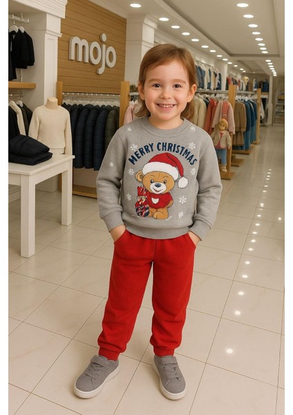 Mojo Unisex Çocuk 1-3 Yaş Noel Baba Desenli Eşofman Takımı Gri
