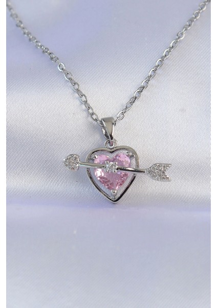 316L Çelik Zincir Gümüş Renk Pembe Zirkon Taşlı Eros Kolye - TJ-BKO8743