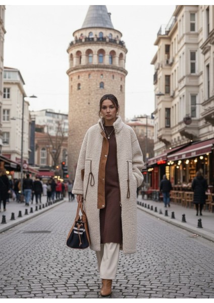 Kadın Peluş Beli Bağcıklı Kışlık Fermuarlı Ceket co02krem