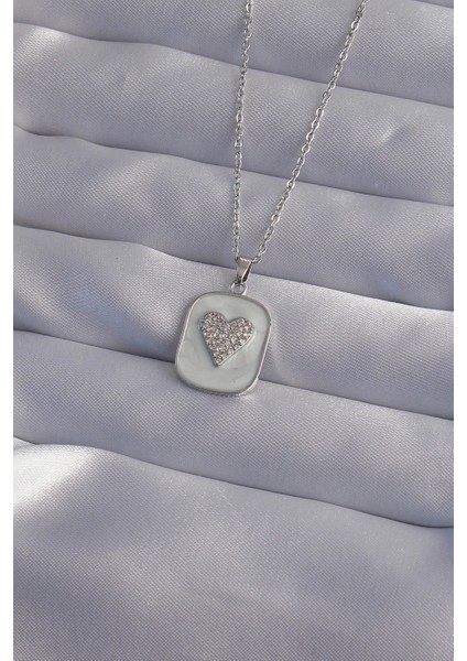 316L Çelik Zincir Mermer Desenli Gümüş Renk Zirkon Taşlı Kalp Model Kolye - TJ-BKO9014