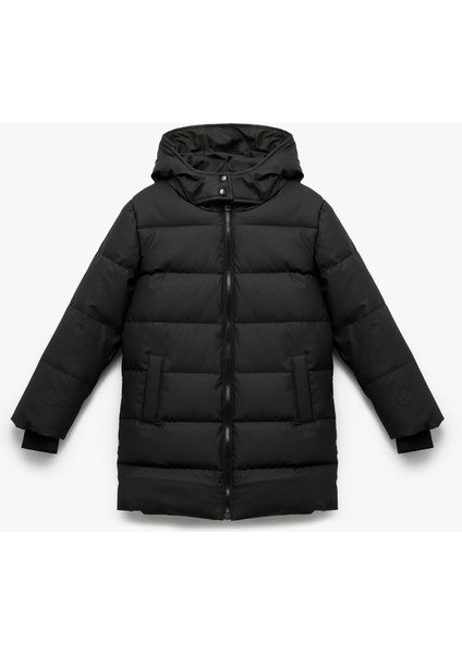 Uzun Kollu Fermuarlı Cepli Içi Suni Kürklü Kapşonlu Uzun Şişme Mont