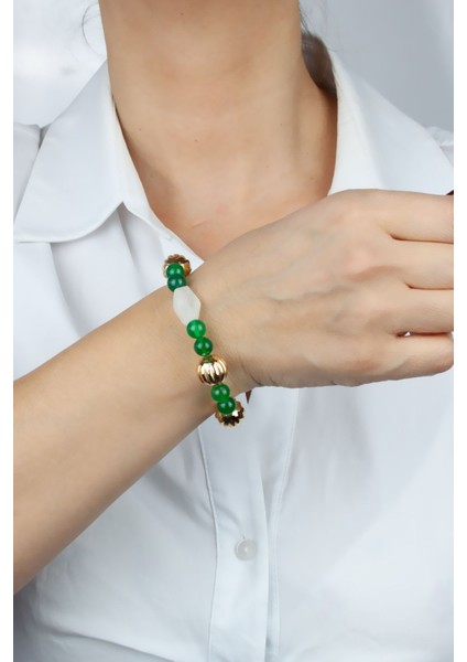 Ay Taşı ve Yeşil Akik Doğaltaş Gold Detay Bileklik fiyatları