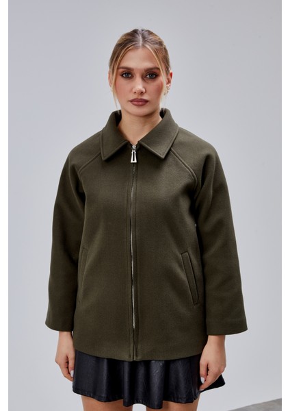 Haki Oversize Fermuarlı Kaşe Ceket