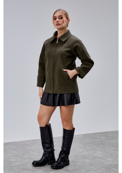 Haki Oversize Fermuarlı Kaşe Ceket modelleri