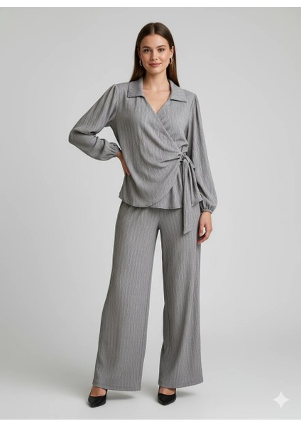 Kadın Kruvaze Bluz ve Geniş Paça Pantolon Ikili Takım Bürümcük Kumaş Şık Set