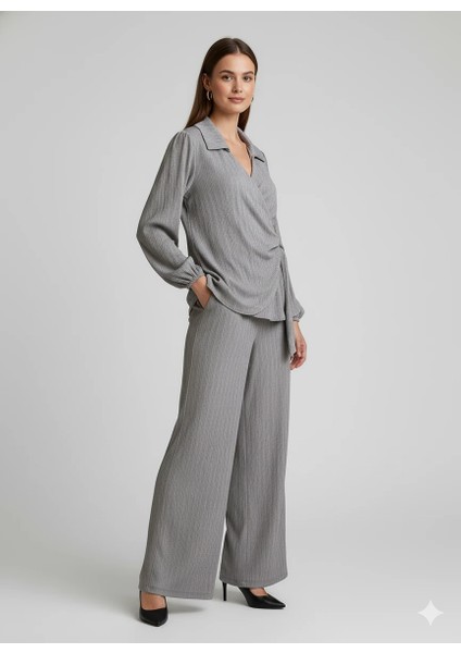 Kadın Kruvaze Bluz ve Geniş Paça Pantolon Ikili Takım Bürümcük Kumaş Şık Set fiyatları