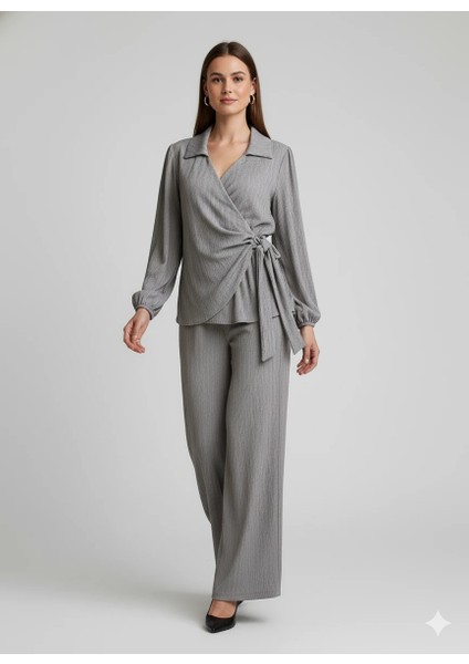 Kadın Kruvaze Bluz ve Geniş Paça Pantolon Ikili Takım Bürümcük Kumaş Şık Set modelleri