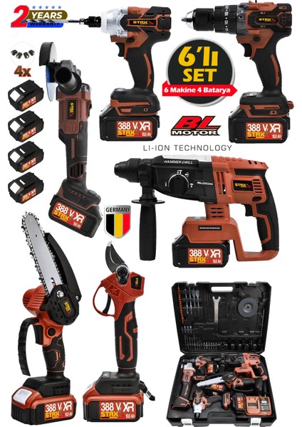 10PILLI 4 Akülü 388VF Bl Motor Kırıcı Delici + Taşlama + Somun Sökme + Dal Budama + Matkap Makas Set