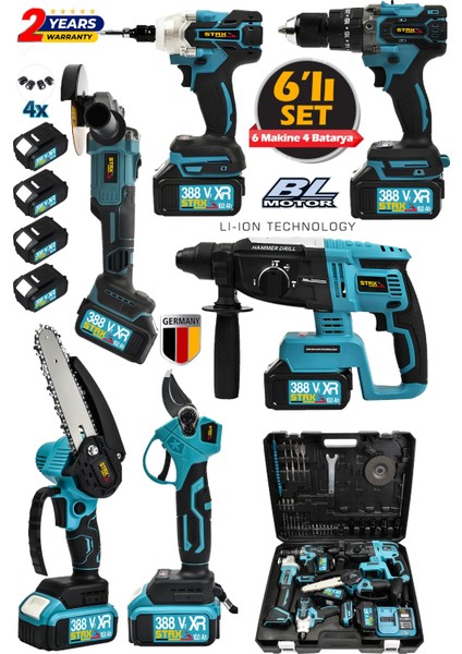 10PILLI 4 Akülü 388VF Bl Motor Kırıcı Delici + Taşlama + Somun Sökme + Dal Budama + Matkap Makas Set modelleri