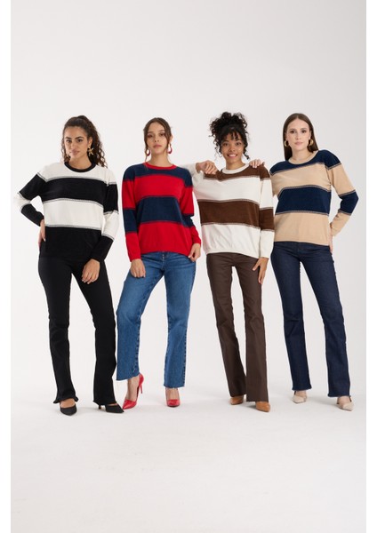 Kadın Siyah-Beyaz Iki Renkli Çapraz Kontrast Dikiş Detaylı Şönil Kadife Triko Bluz