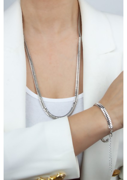 Ezme Zincir Gümüş Renk Uzun Kolye Bileklik Set