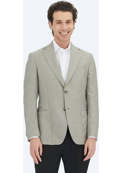 Haki Düz Modern Fit Yün Karışımlı Ceket