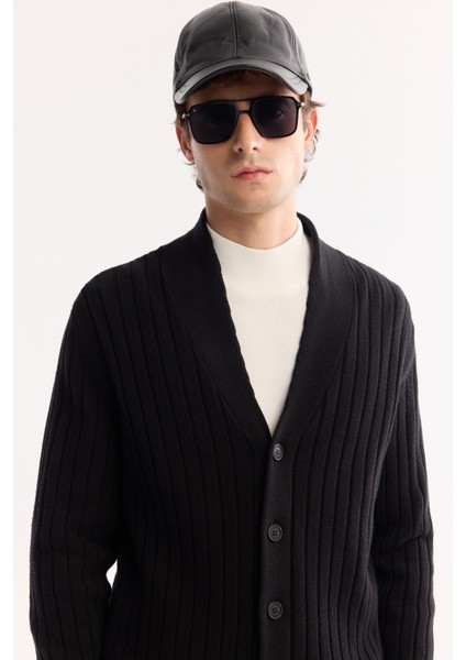 Erkek Siyah Şal Yaka Düğmeli Soft Touch Çizgili Regular Fit Hırka A52Y5042