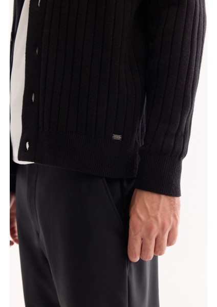 Erkek Siyah Şal Yaka Düğmeli Soft Touch Çizgili Regular Fit Hırka A52Y5042