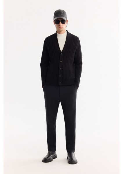 Erkek Siyah Şal Yaka Düğmeli Soft Touch Çizgili Regular Fit Hırka A52Y5042