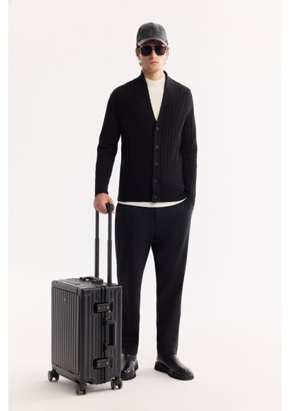 Erkek Siyah Şal Yaka Düğmeli Soft Touch Çizgili Regular Fit Hırka A52Y5042