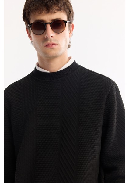 Erkek Siyah Bisiklet Yaka Dokulu Elastan Regular Fit Sweatshirt A52Y1220