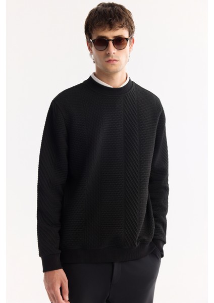 Erkek Siyah Bisiklet Yaka Dokulu Elastan Regular Fit Sweatshirt A52Y1220