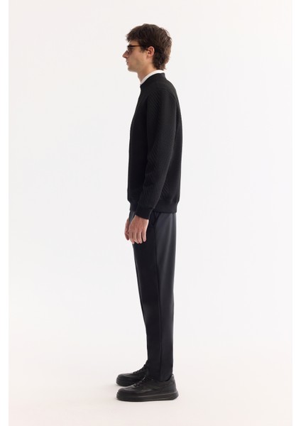 Erkek Siyah Bisiklet Yaka Dokulu Elastan Regular Fit Sweatshirt A52Y1220