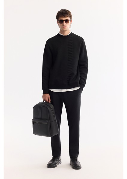 Erkek Siyah Bisiklet Yaka Dokulu Elastan Regular Fit Sweatshirt A52Y1220