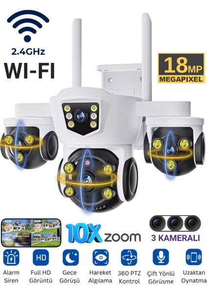 MPI MIZU 18MP WİFİ Güvenlik Kamerası 3 Kameralı Türkçe PTZ Hareketli Gece Görüşlü Akıllı Kamera