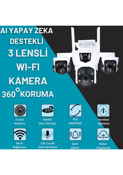 MPI MIZU 18MP WİFİ Güvenlik Kamerası 3 Kameralı Türkçe PTZ Hareketli Gece Görüşlü Akıllı Kamera
