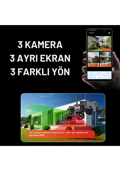 MPI MIZU 18MP WİFİ Güvenlik Kamerası 3 Kameralı Türkçe PTZ Hareketli Gece Görüşlü Akıllı Kamera