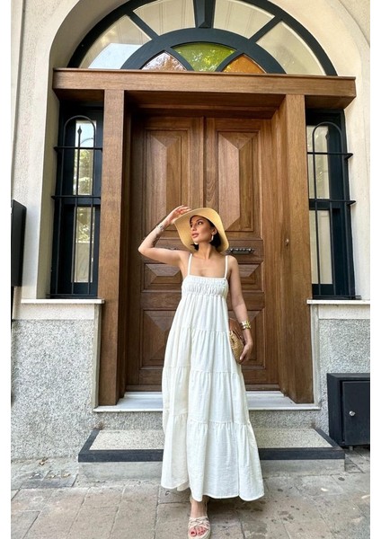 Ekru Askılı Parçalı Müslin Elbise