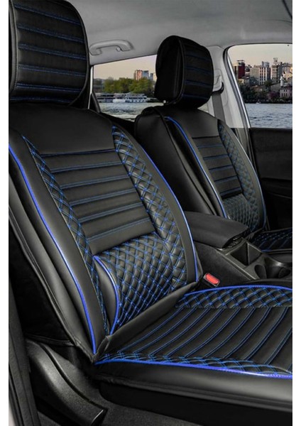 Chevrolet Lacetti Uyumlu Yarı Deri Oto Koltuk Kılıfı Tam Set Vena Siyah-Mavi