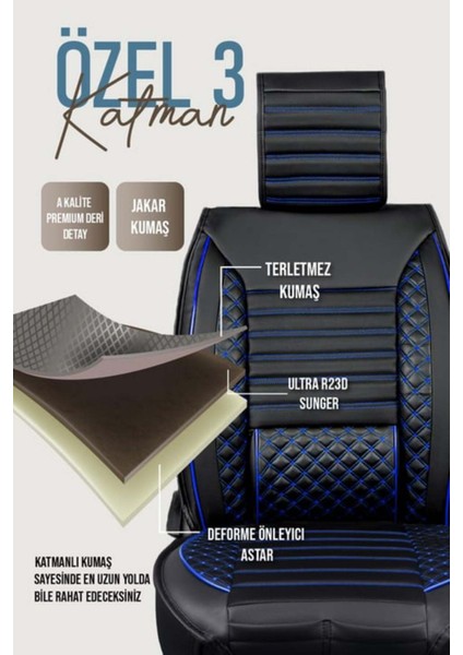 Chevrolet Lacetti Uyumlu Yarı Deri Oto Koltuk Kılıfı Tam Set Vena Siyah-Mavi fırsatları